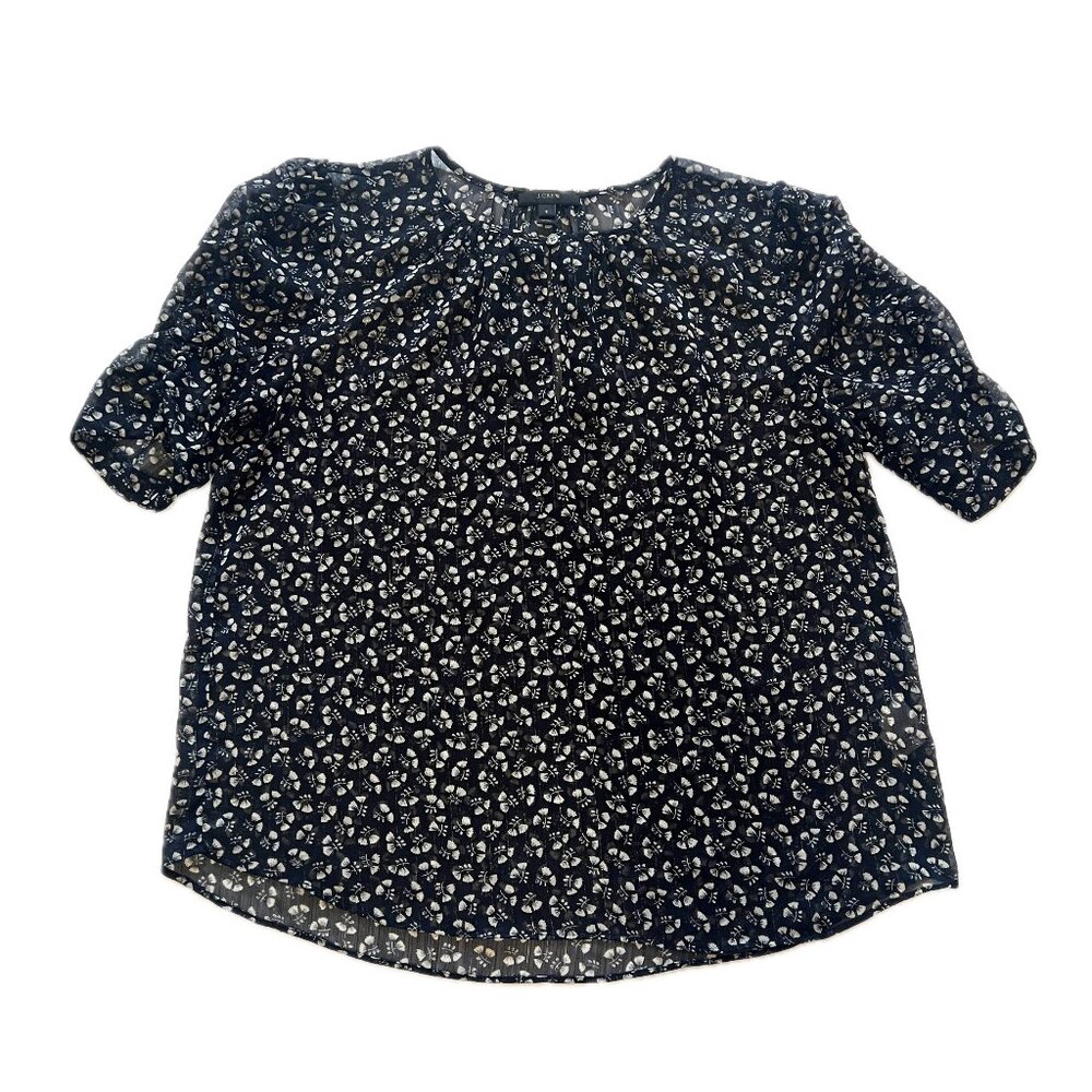 J. Crew Navy Blue Ruffle Floral Blouse Top Short Sleeve Shirt Women's Sz S